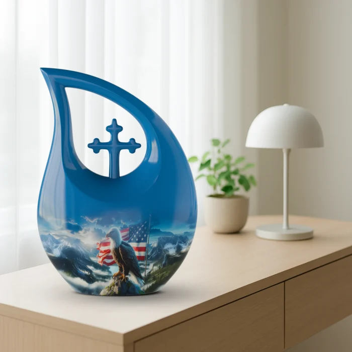 Eagle Cross Teardrop Cremation Urn, Patriotic Tribute Memorial