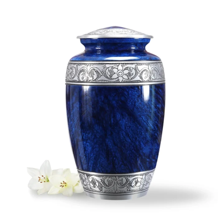 blue keepsake urn, small cremation urn, mini urn for human ashes, metal memorial urn, handcrafted urn, classic blue urn, cremation urn usa
