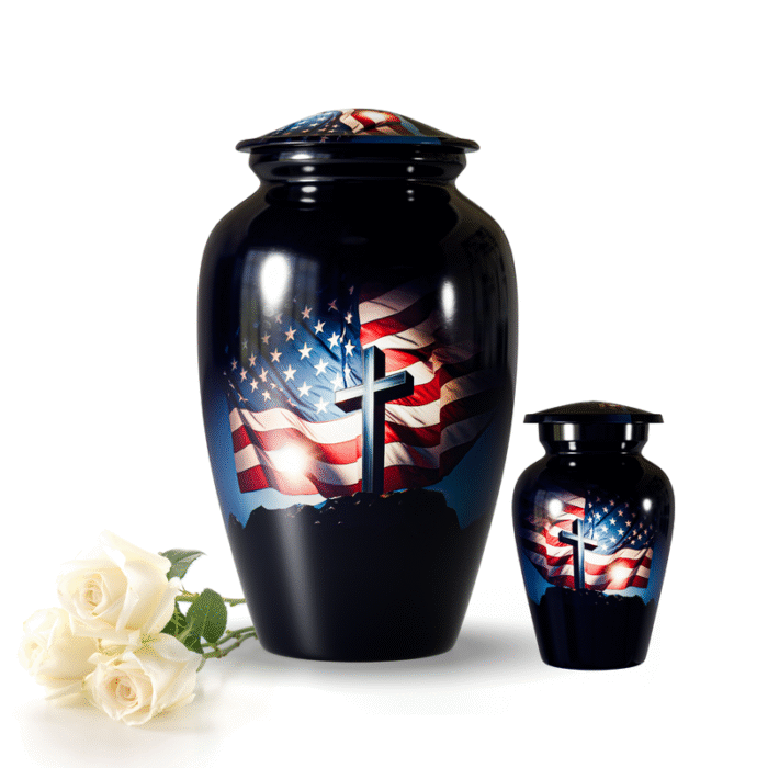 American Flag & Cross Cremation Urns Set | Large Adult Human Urn + Small Keepsake Urn | Decorative Aluminum Memorial Urns for Cremation & Funeral Use