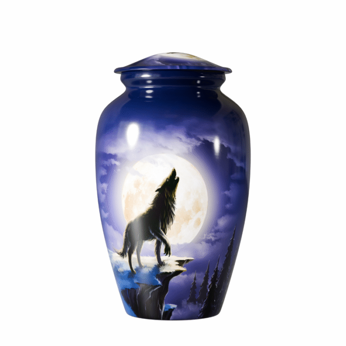 Moon Night Wolf Cremation Urns for Human Ashes Adult | Human Urn for Ashes | Decorative Memorial Urn for Cremation, Funeral, Burial, Home | Handcrafted Large Size – Moon Night Wolf