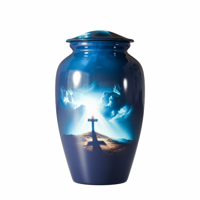 Blue Sky Cross Cremation Urn for Human Ashes Adult | Large Aluminum Human Urn for Ashes | Decorative Memorial Urn for Cremation, Funeral & Burial
