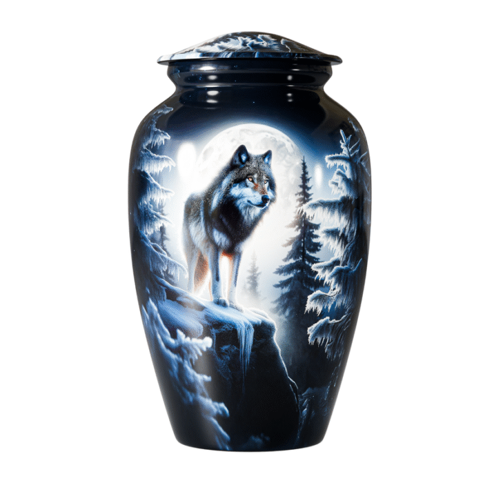 Midnight Wolf Keepsake Urn with Secure Threaded Lid and Elegant Memorial Artwork