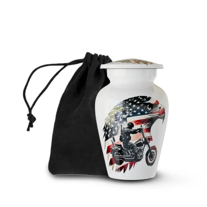 Patriotic Biker Keepsake Urn | Eagle Aluminum Mini Urn for Ashes