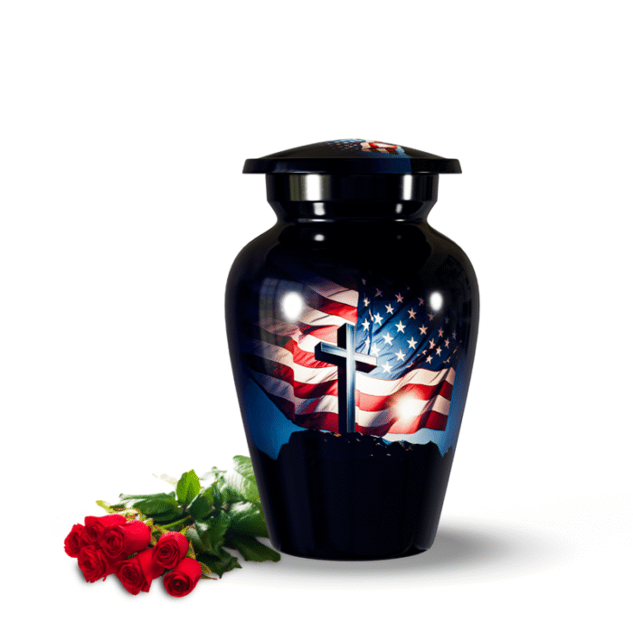 American Flag & Cross Keepsake Cremation Urn for Human Ashes | Small Aluminum Human Urn for Ashes | Decorative Memorial & Funeral Urn – Keepsake Size