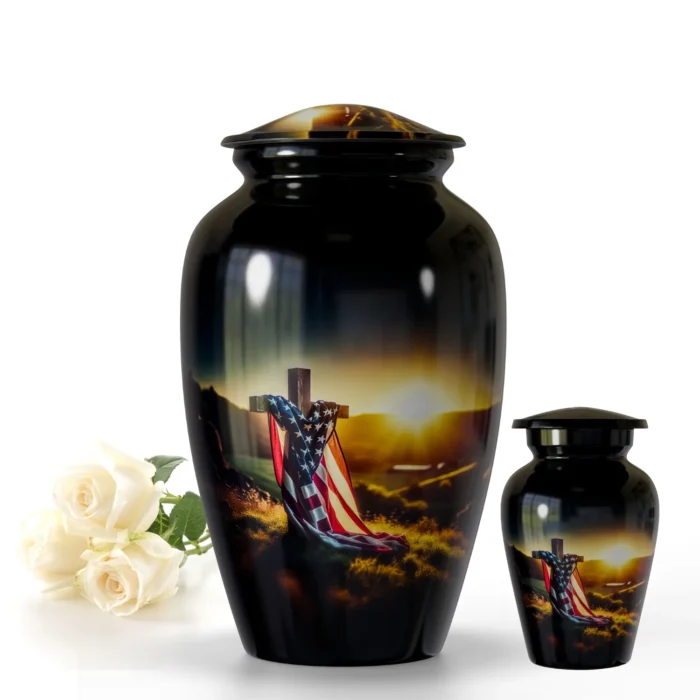 Memorial Cross American Flag -  Cremation Urn For Human Ashes